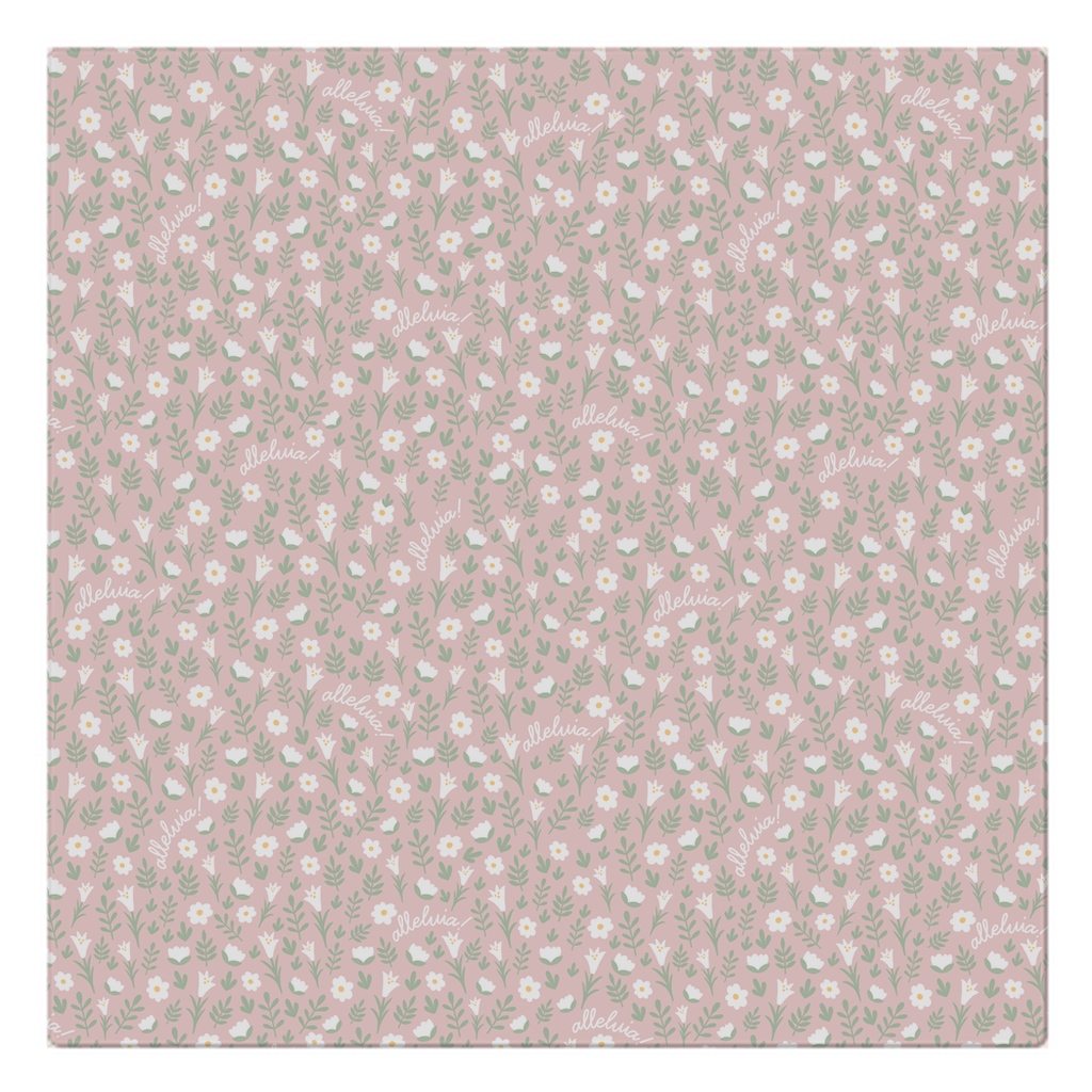 pink colored alleluia napkin laid flat on a white background