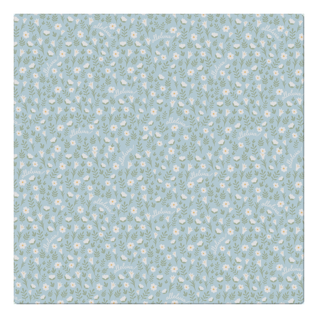 blue colored alleluia napkin laid flat on a white background