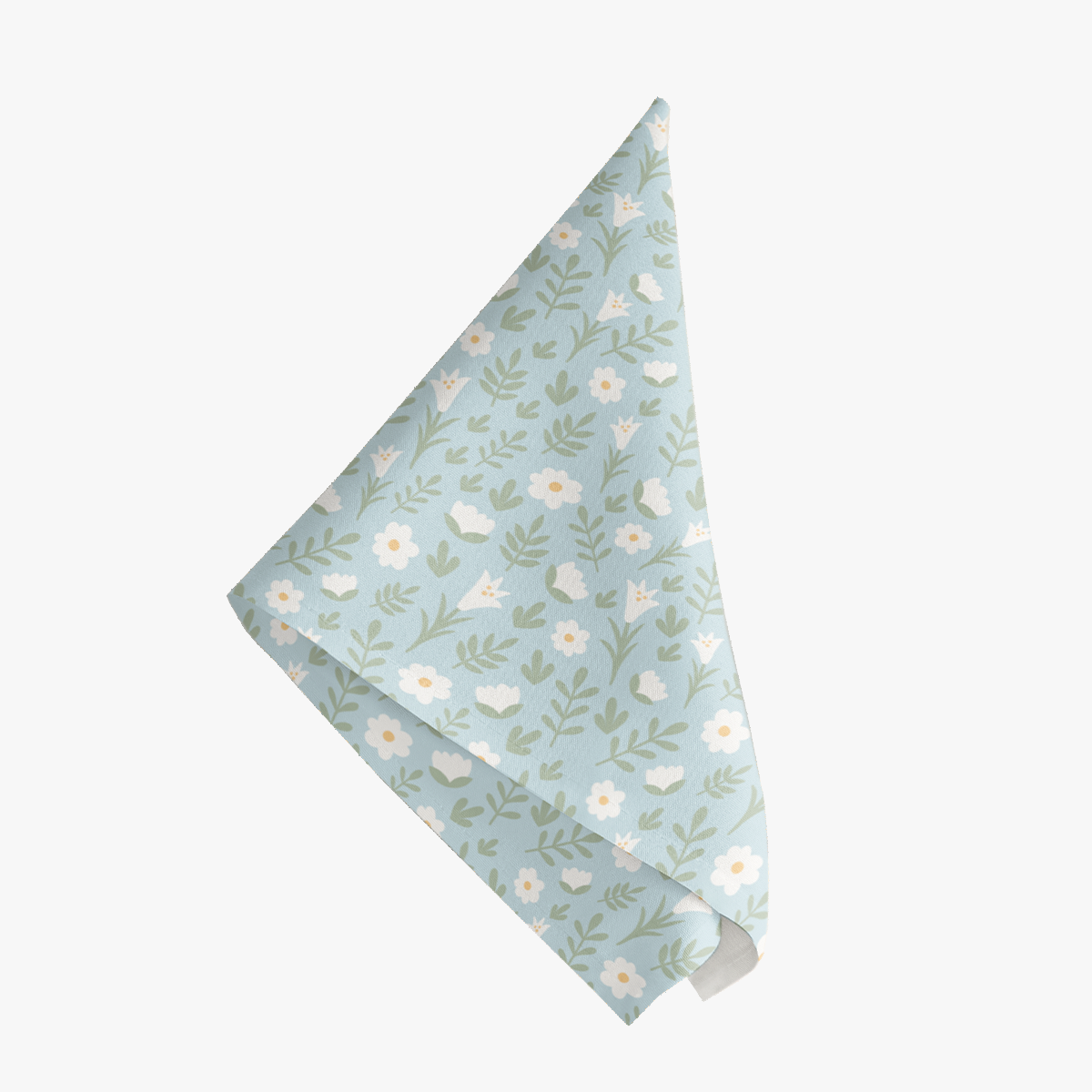 Baby blue Easter Alleluia napkin with simple white floral design, shown on a white background.