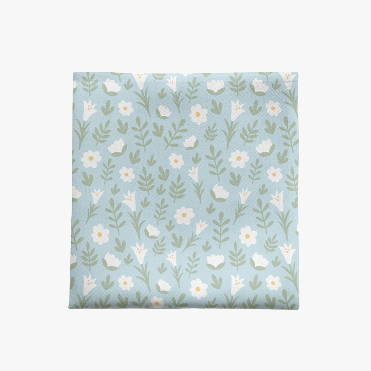 Light blue Easter Alleluia napkin with simple white floral design, shown on a white background.