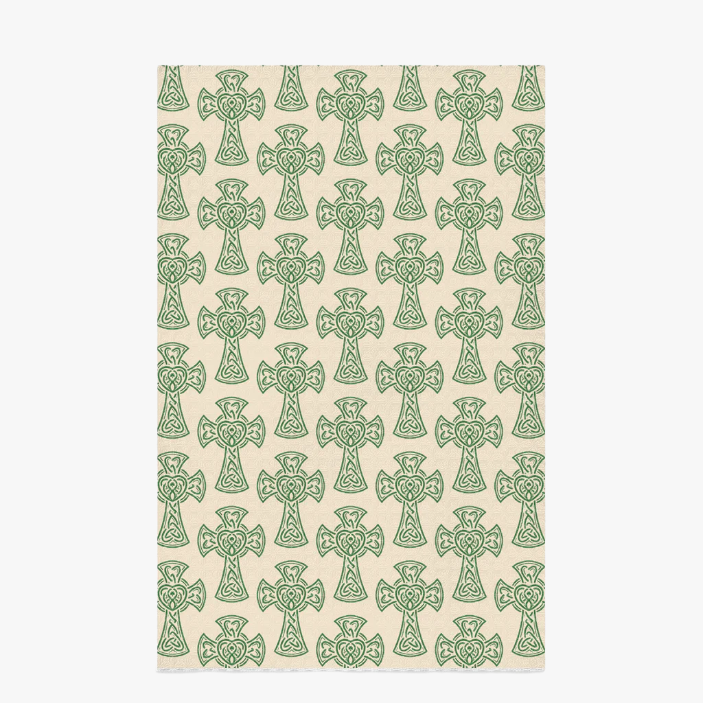 Irish Blessing Dish Towel cream background with repeating High Cross pattern - on white background - Catholic Dish Towel - Catholic Decor