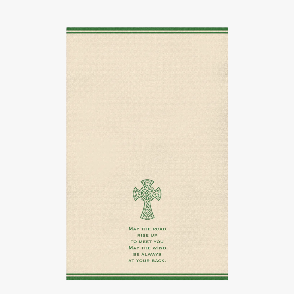 Irish Blessing Dish Towel with High Cross and words "May the road rise up to meet you may the wind be always at your back" - laid out flat