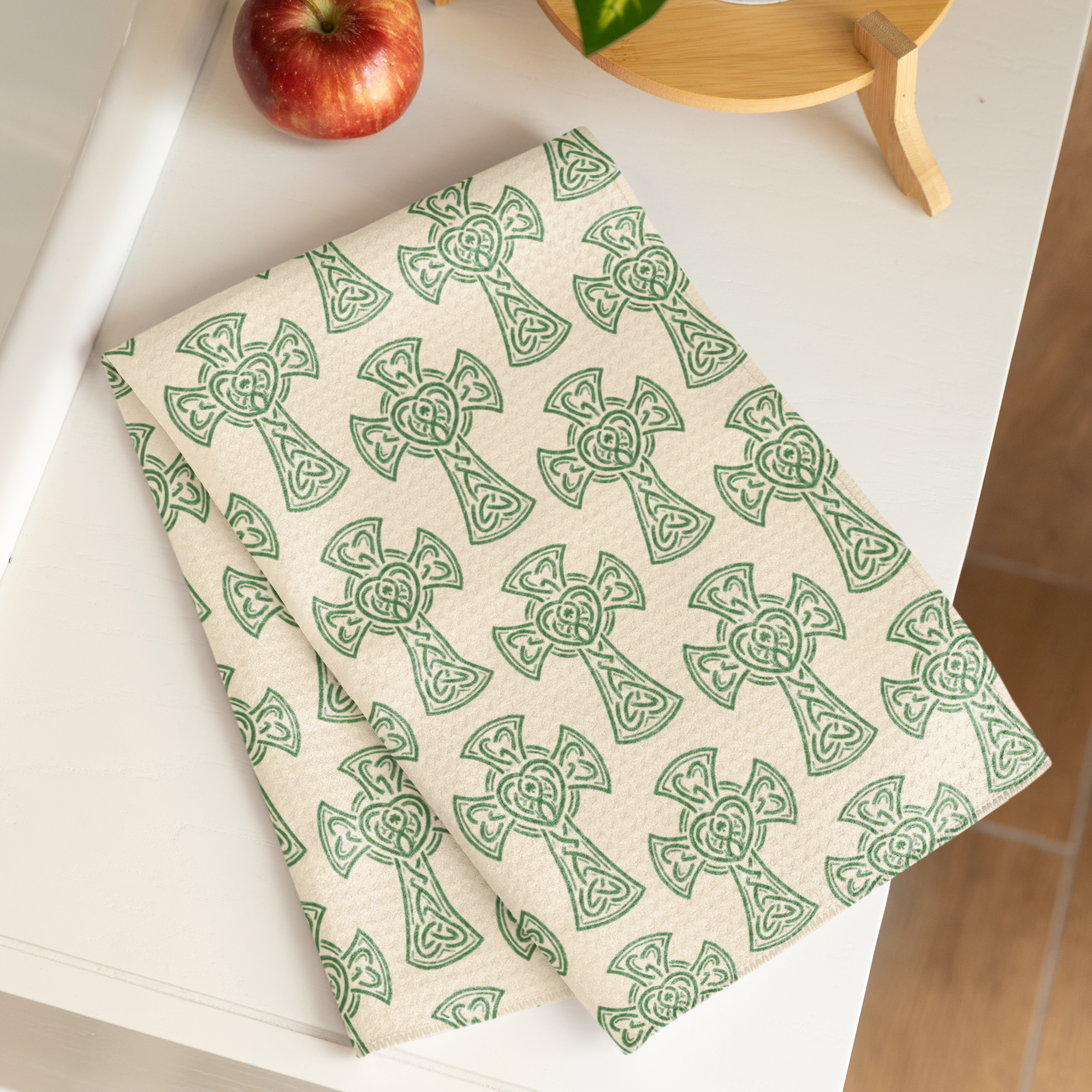Irish Blessing Dish Towel cream background with repeating High Cross pattern - laying on table - Catholic Dish Towel - Catholic Decor