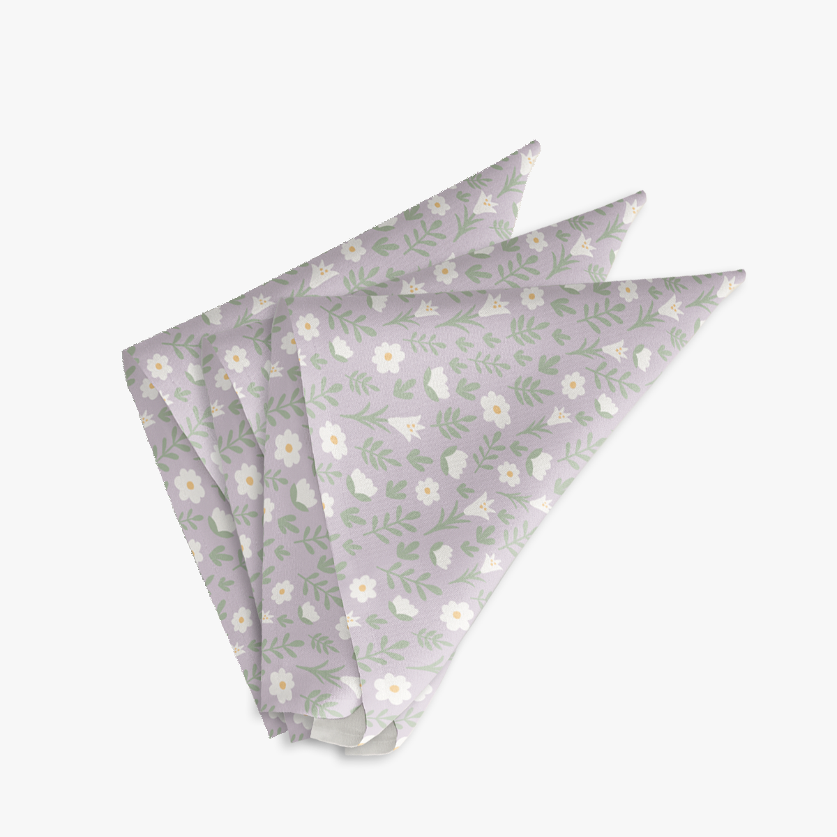 Three light lilac Easter Alleluia napkins with white floral design, neatly folded on a white background.