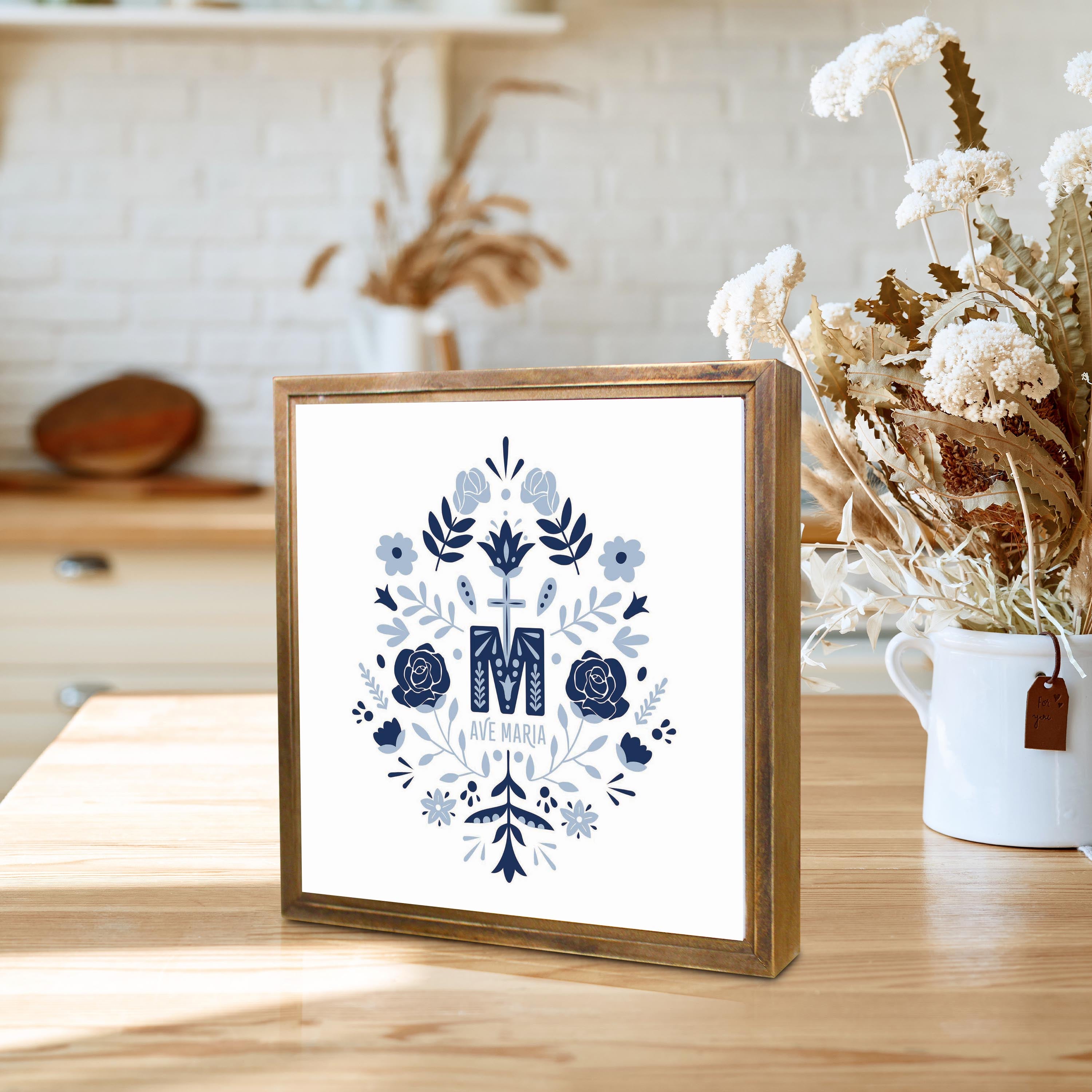 Ave Maria Monogram Square Framed Wood Block-11.25"x11.25"