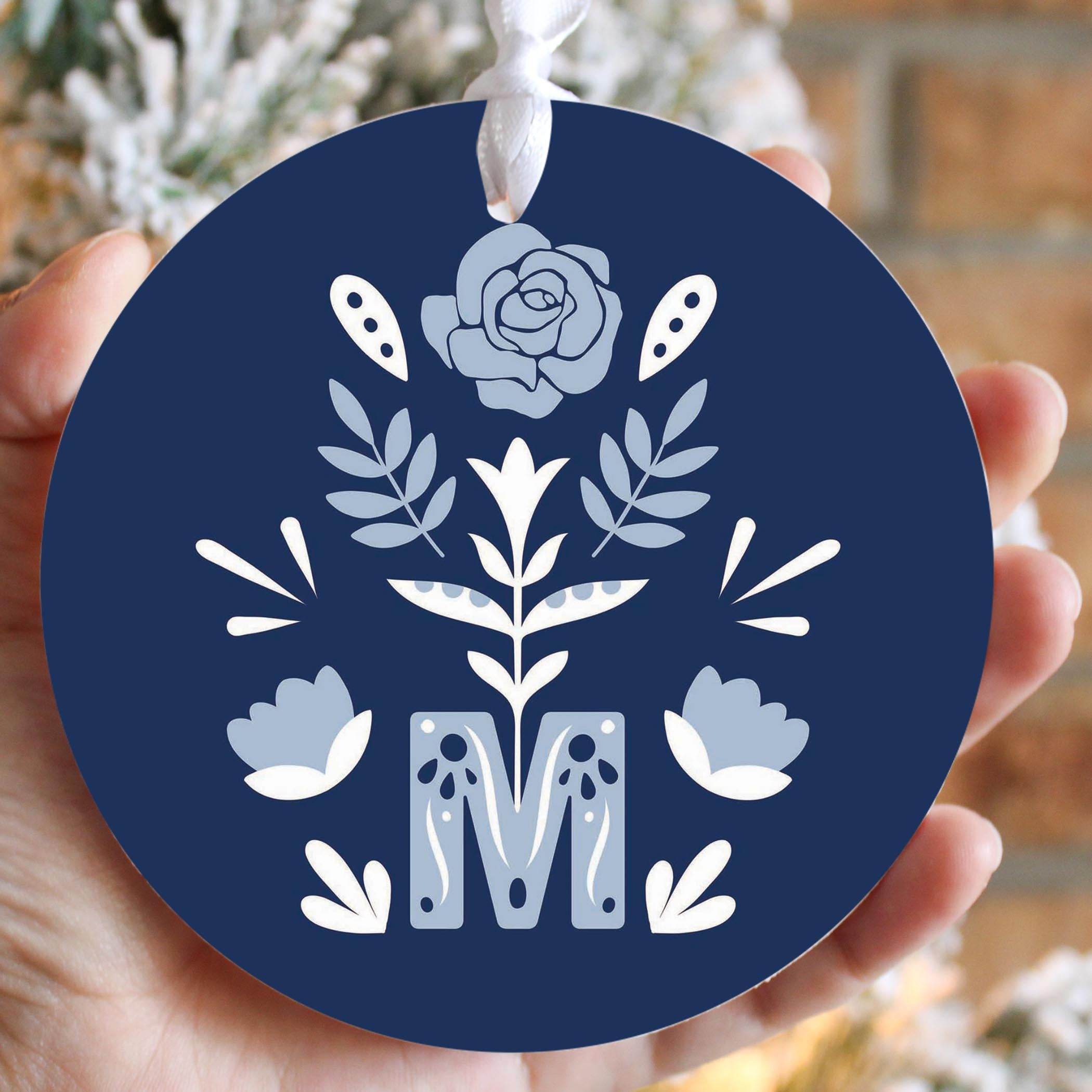 Marian Monogram Navy Round Ornament-4"x4"