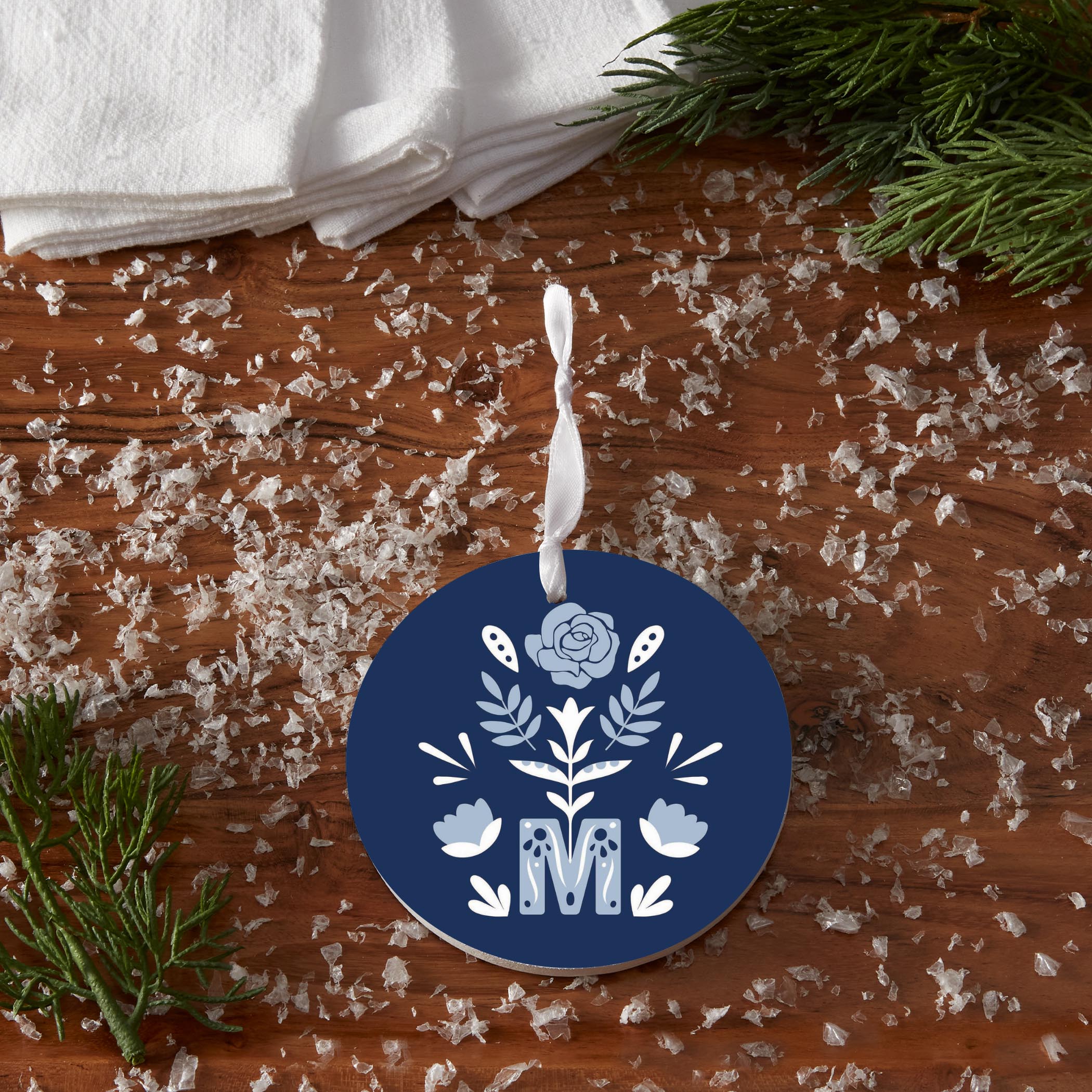 Marian Monogram Navy Round Ornament-4"x4"