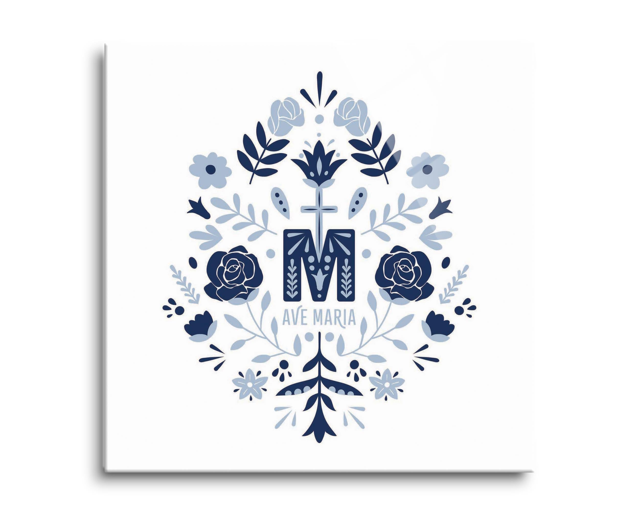 Ave Maria Monogram Square Glass Plaque-8"x8"