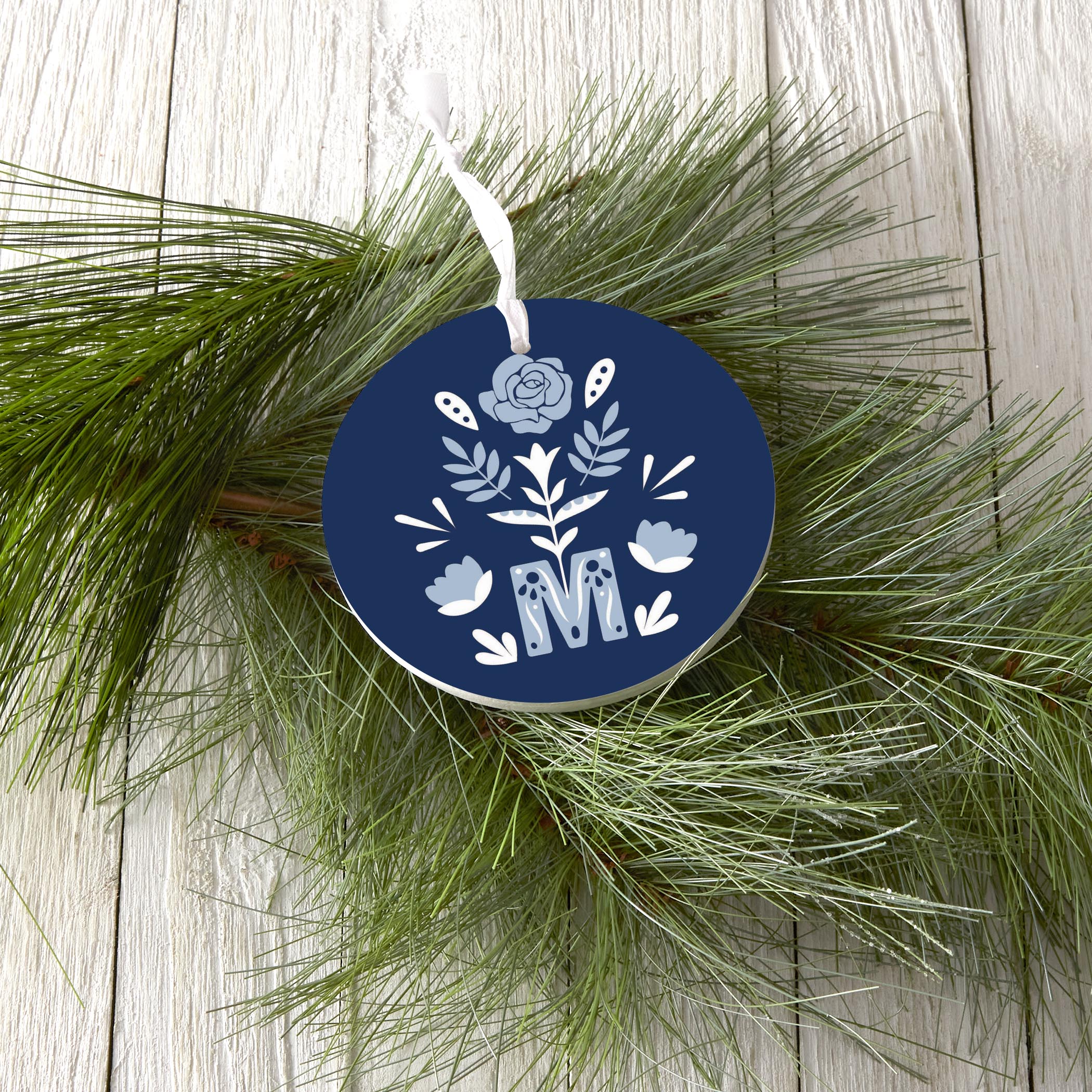 Marian Monogram Navy Round Ornament-4"x4"
