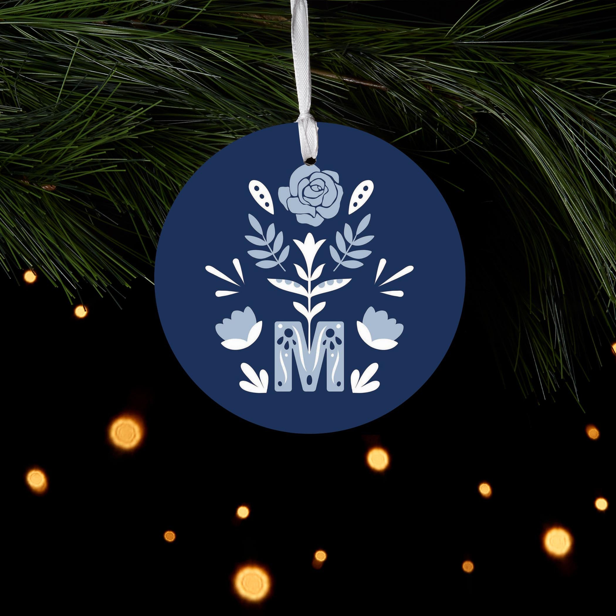 Marian Monogram Navy Round Ornament-4"x4"