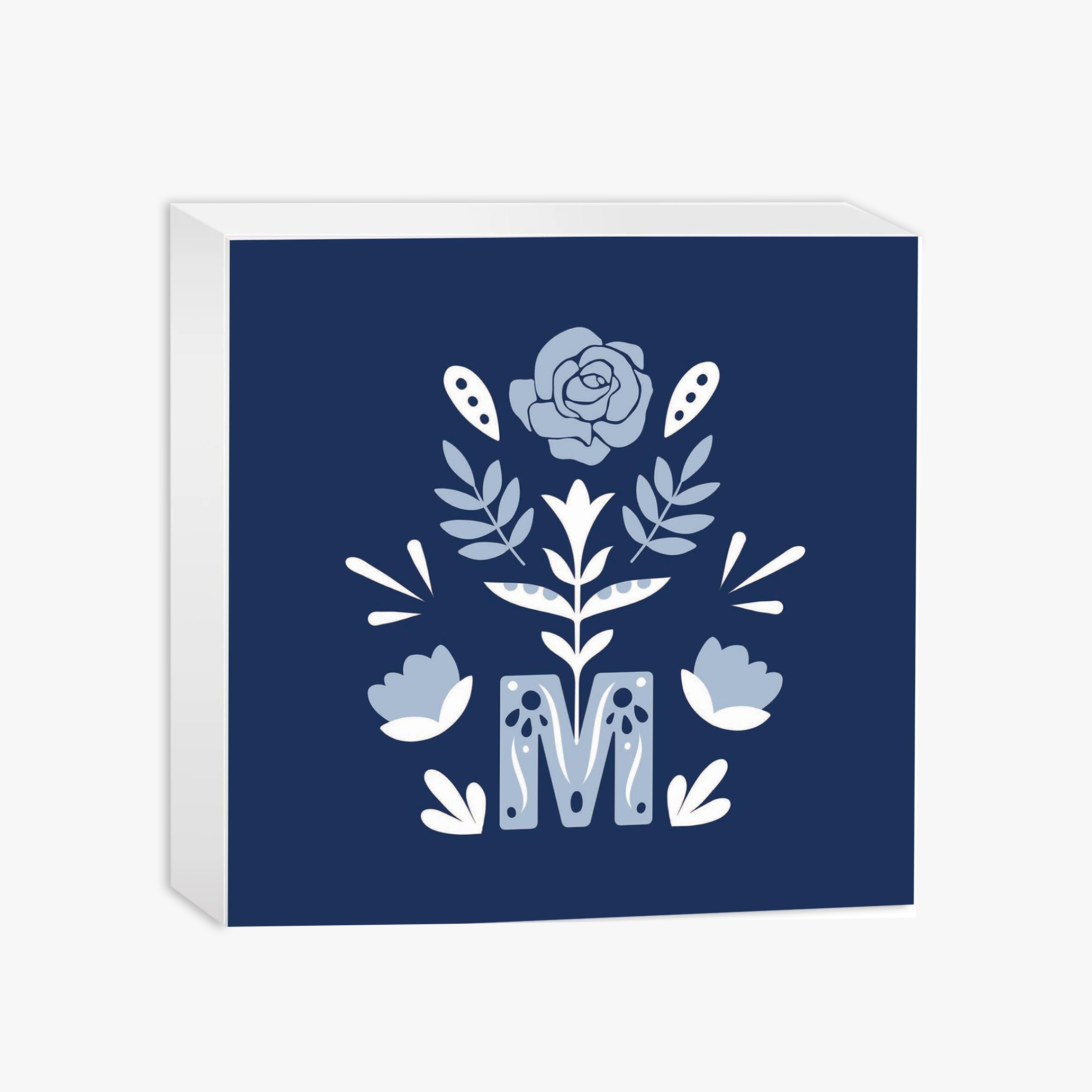 Marian Monogram Navy Square Wood Block-10"x10"