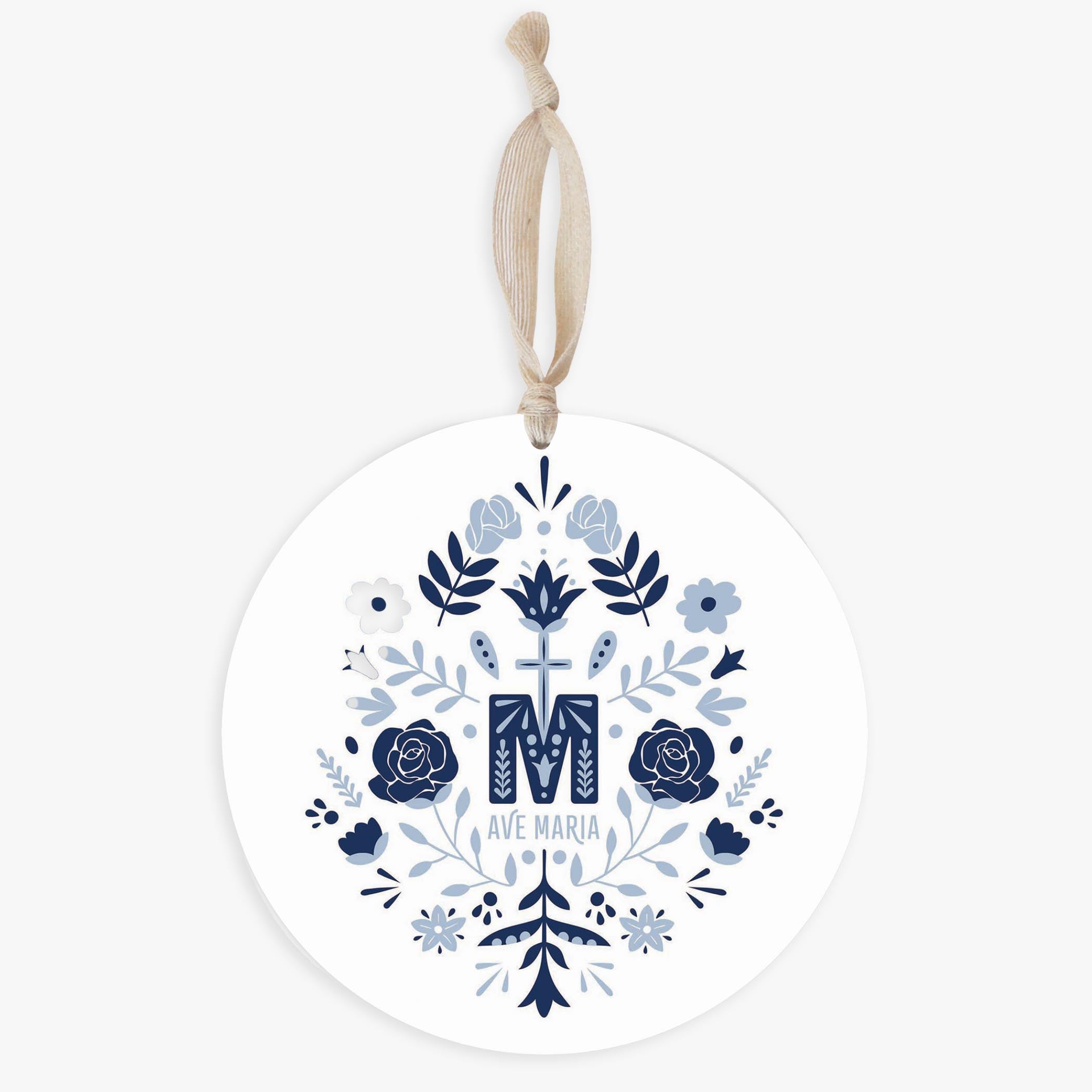 Ave Maria Monogram Round 8 inch Hanging Wood Plaque