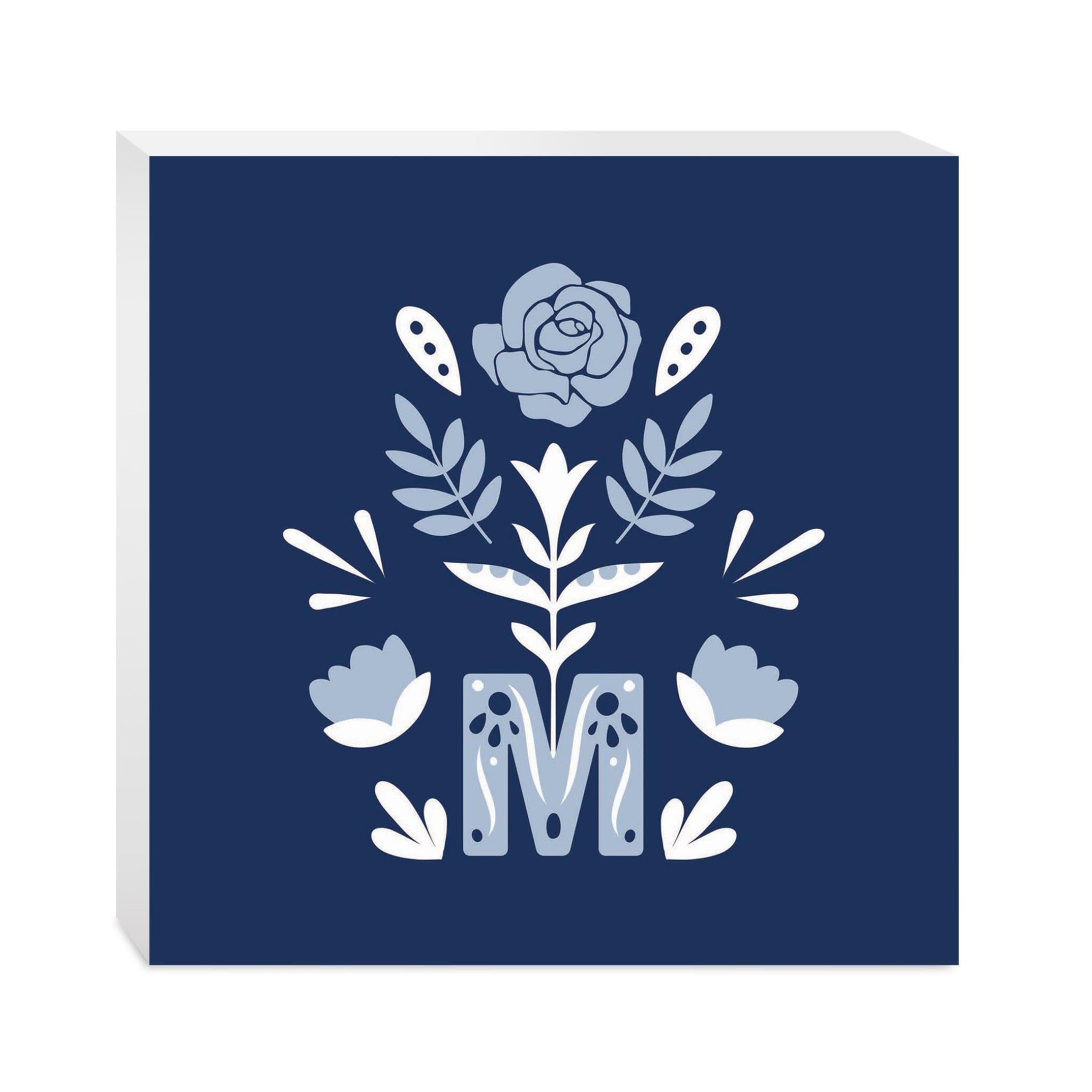 Marian Monogram Navy Square Wood Block-10"x10"